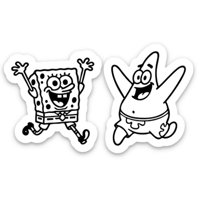 Spongebob and Patrick as lively, energetic outlined icons, expressive poses, dynamic movement, inspired by their movie appearances, black outlines, no fill, no text sticker