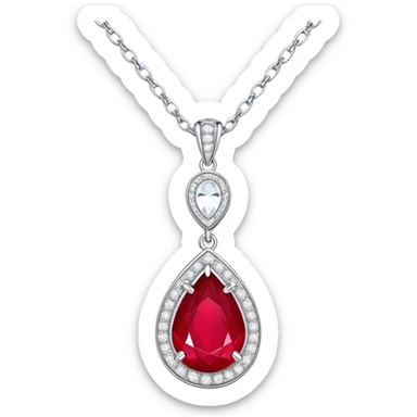 teardrop ruby pendant with silver chain and white stones, glowing with passion and renewal sticker
