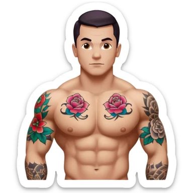 tattoo man, white skintone, more highlight the tattoo, body builder, tatto on fully chest, more tattoos on the body. sticker