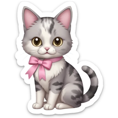 Sitting Dilute grey calico cat with pink ribbon sticker