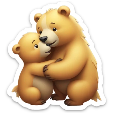 Create an image of a bear and a dodo affectionately embracing each other, symbolizing a heartwarming friendship between two unlikely animal companions sticker