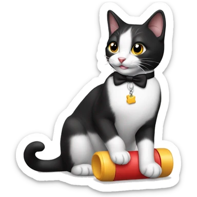 tuxedo cat playing with toy sticker