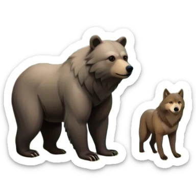 Close-up Collage of a bear and a wolf in a beautiful forest, surrounded by tall trees, green foliage, and a serene river. The animals are in their natural habitat, showcasing strength and majesty. A vibrant and peaceful wilderness scene with a transparent background. sticker