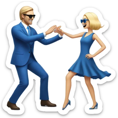 A white-skinned man in a blue suit, square sunglasses is dancing to full-length music in front of a girl in a blue dress, they look at each other and dance sticker