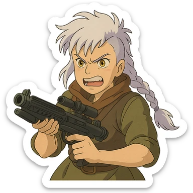 1 FEMALE, GOLD YELLOW EYES, WHITE HAIR LAVENDER TIPS, MESSY LOCKS BANGS MOHAWK, LONG BRAID, MERCENARY GARB, HOLDING A STORMTROOPER'S E11 BLASTER RIFLE, BRANDISHING, FURIOUS GLARE, GRITTING TEETH sticker