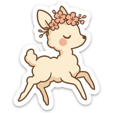 vanilla-colored cloud doe with rosy cheeks, cherry blossom crown, floating gracefully with witch-like elegance, brand identity mascot for social media sticker