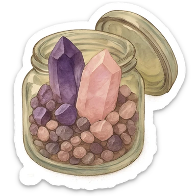 very realistic amethyst and rose quartz crystal pieces in an open glass jar, pretty small rough pebbles, mixed together, natural colors, soft, fairy-like atmosphere, no background, square size sticker