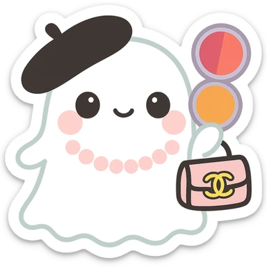 Add a pearl necklace to the ghost. Keep the ghost white, with a black beret, pink Chanel purse, and a blush compact with deep pink and rich orange colors. Maintain the kawaii style with no background. sticker