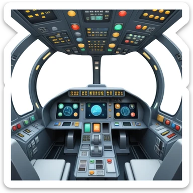 first person view inside spaceship cockpit with control panel and space visible through windshield sticker