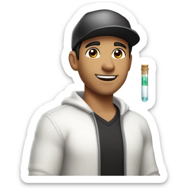 "Light-skinned Latino male with short black hair, wearing a backward cap front to back. Brown eyes, slightly thick lower lip, smiling. Holding a test tube in one hand. Gamer sticker