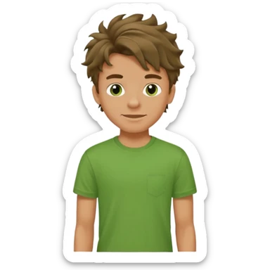 A teenage boy, tanned, wearing a green t-shirt , blue jeans and green sneakers with brown wavy tousled hair, smirking sticker