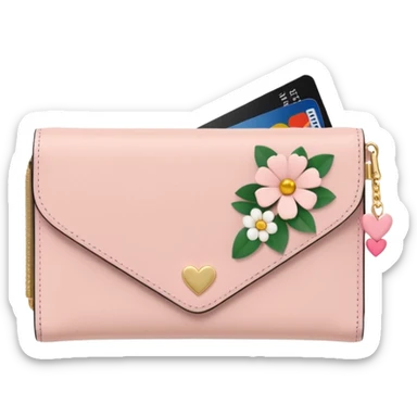 Pale Pink cute Wallet with heart charm, credit cards inside and flowers growing from it, clean aesthetic sticker