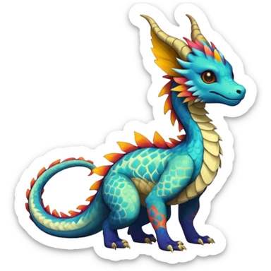 Beautiful pretty cool edgy elegant realistic Feral Rare Fantasy colorful vibrant Vernid-Trico-Haku-dragon-species-Fakemon-creature by LiLaiRa, random markings, tufted tail, tufted ears, full body sticker