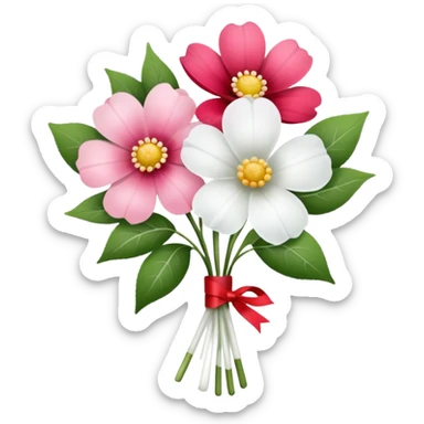One pink flower and one white flower in transparent bouquet with red band  sticker
