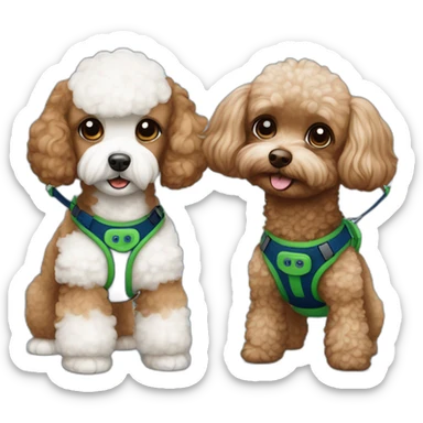 Brown toy poodle with dark blue harness and white Maltese with green harness sticker