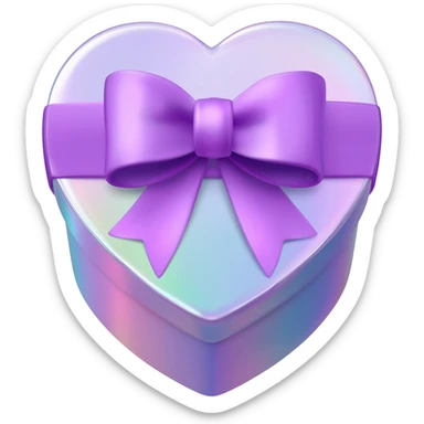 3D isolated, rendering, 8k resolution, 1x1, 8000x8000 pixels, transparent background, no emoji faces, Heart shaped box wrapped in realistic iridescent paper with 3D Lavendar Silk bow on top, shimmery, cute cute, 8k sticker