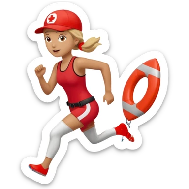 Female lifeguard – red cap, running along shore with rescue buoy sticker