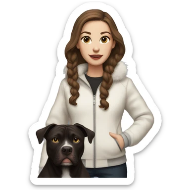 white woman with long brown hair and cat shaped eyes wearing a furry jacket standing alongside a black pitbull  sticker