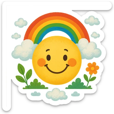 yellow face with rainbow and clouds, nature theme, digital illustration sticker