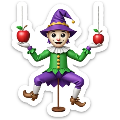 3D render of Jester Puppet as a wooden marionette puppet, Floppy hat, strings on hat, silver metal screw joints at elbows and knees, polished brown wood texture, rigid toy pose, Apple emoji style, isolated on white background --v 6.0. sticker