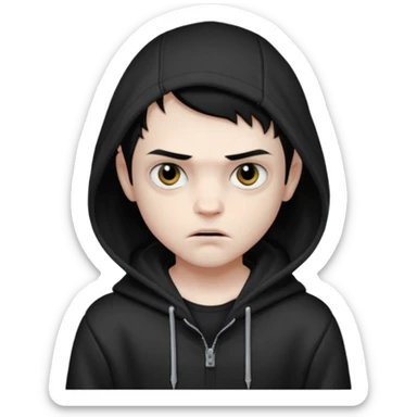 Vampire boy with the short black hair, pale scin, black eyes, little fangs and dark circles under his eyes. He has serious face and he wear a black hoodie sticker