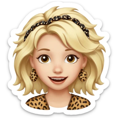 Une fille blonde et joyeuse. Elle porte une coiffure rock et originale avec des pinces pour cheveux  léopard et motif peau de vache. sticker