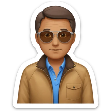 Middle-age man, brown jacket, sunglasses sticker
