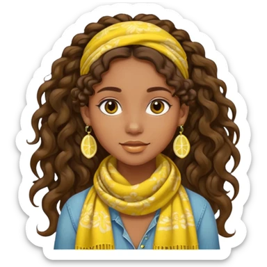 boho girl with brown skin, long curly brown hair in a ponytail, lemon yellow scarf, round earrings sticker