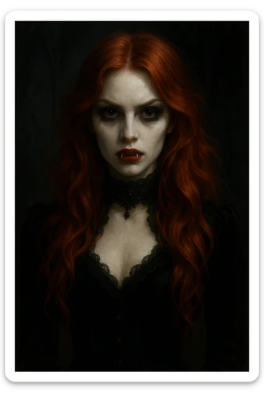 vampire girl with ginger hair, pale skin, fangs, gothic style sticker
