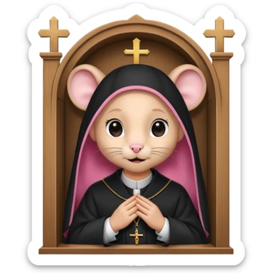 A female pink catholic rat in a confession booth with a priest sticker