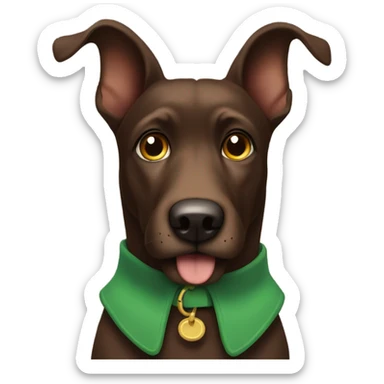 Old Dark Brown dog with floppy ears, and a green collar and a brown nose  sticker