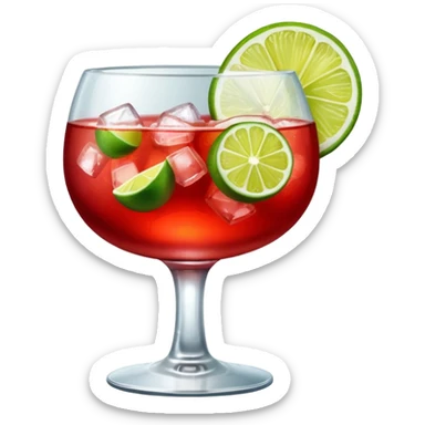 A round wine glass filled with bright red Campari tonic, lots of ice, and a lime wedge on top. sticker