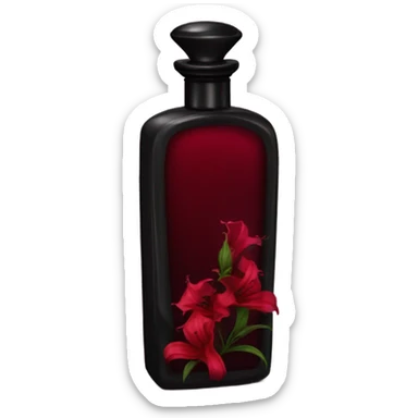 Dark red gothic perfume bottle with red bellflowers and a black ribbon sticker