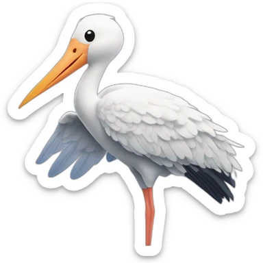 stork delivering baby boy in fabric held in its beak you can see the baby boys human face popping from the top of the fabric the stork is holding sticker