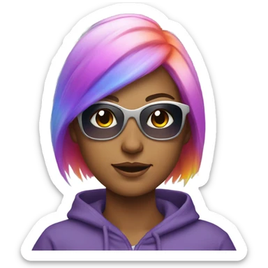 A white woman with rainbow hair, sparkly silver sunglasses, and a purple fuzzy hoodie with orange on the stomach sticker