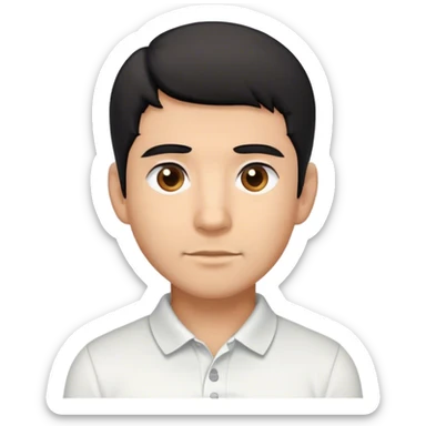 Latino male, black hair with few gray hairs, light brown, wearing a white polo shirt sticker