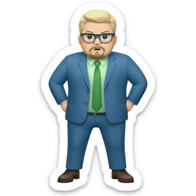 Full Body white male plus size wearing glasses with a goatee with light blonde and gray very short hair angry head Coach in blue and green suit sticker