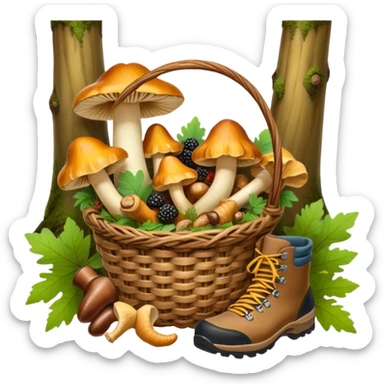 Icon for Mushroom and Berry Tourism: a basket filled with mushrooms chanterelles, boletus and aspen and berries, surrounded by forest elements like trees, leaves and a hiking boots. The icon should capture the joy of foraging in nature. Transparent background. sticker