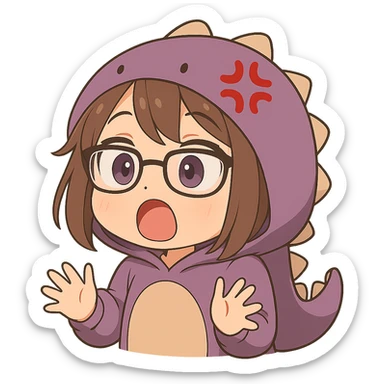 Chibi anime style gamer girl with glasses, brown hair, dark purple eyes, wearing a purple dinosaur costume, making a surprised emote, no controller, same style as reference, with no background sticker