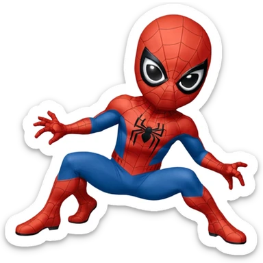Un piccolo Spider-Man stilizzato in versione “chibi” o cartoonesca, appeso a testa in giù da un filo di ragnatela sottile. Il costume è classico,  La posa è compatta, con le braccia e le gambe piegate verso il corpo, dando un senso di leggerezza e simpatia.  sticker