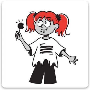 zombie girl with red hair, braces, and nose piercings, hand drawn doodle style sticker