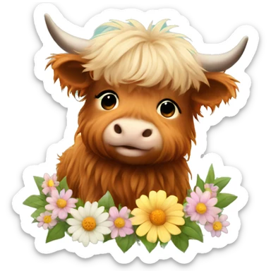Cute Fluffy Highland cow baby sitting with flowers in hair sticker