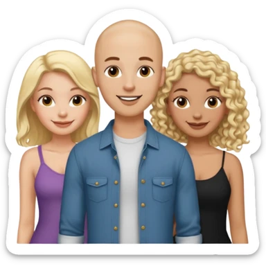 throuple tatted bald boyfriend with two girlfriends, one long blonde hair, other short curly brunette  sticker