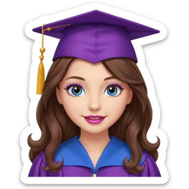 girl with gorgeous curled long brown hair, blue eyes, long lashes makeup, sexy pink lips, wearing a purple graduation cap and gown sticker
