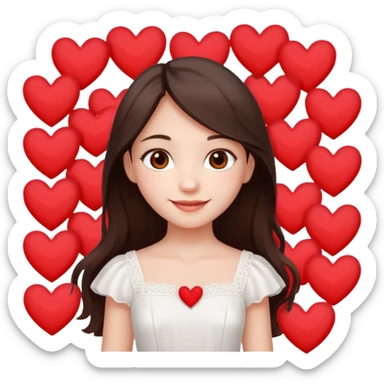 A girl with long, dark brown hair, fair skin, hazel eyes, and a beautiful white dress, is very happy because of love, surrounded by hearts. sticker