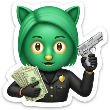 Un emoji con una mascara negra con una pistola pequeña en la mano y que en la otra mano tenga una paca de billetes sticker