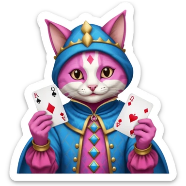 court jester cat medieval, poker cards, pink and blue sticker