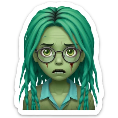 One young female green-skinned, zombie with glasses, with ombre black roots & teal tips long dreadlocks and a worried expression with a small wound near its mouth. sticker