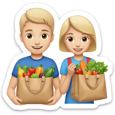 caucasian kids putting groceries in bags smiling sticker