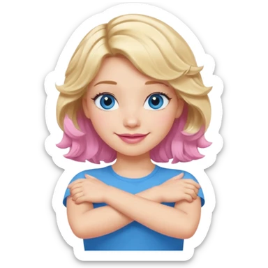 Girl Blonde short wavy hair,  blue eyes, cute blue top, long lashes, pink lips, smiling, making cross arms X with arms  sticker